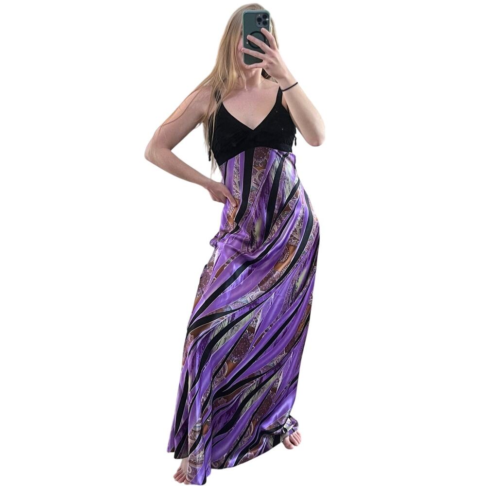 Vintage 90's Y2K Sharon Max Purple Patterned Satin Maxi Dress Dress (Sz S)